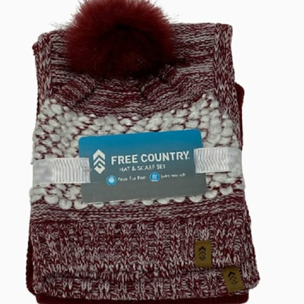 𝅺Knit Hat and Scarf Set Burgundy White New 2 Piece Set Pom Pom Hat
